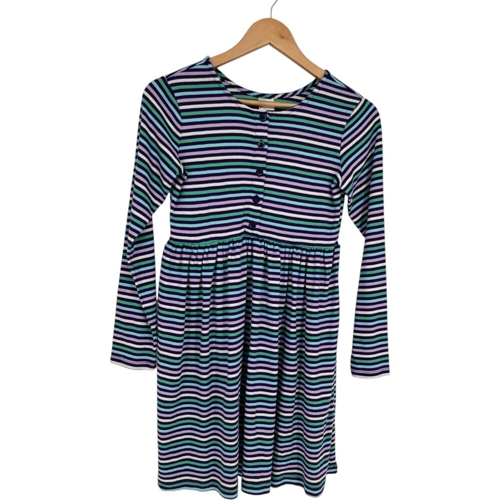Hanna Andersson Dress Girls Size 150 Striped Cotton Long Sleeve Blue Purple